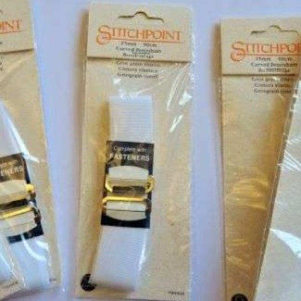 5 cards of 90cm white curved petersham 25mm wide with silver metal hook and bar fastener Stitch Point Brand clearance