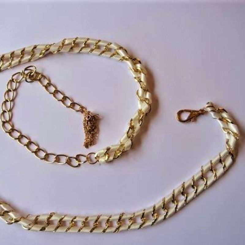 Fancy gold colour chain belts with ivory ribbon 115cm long with clasp clearance