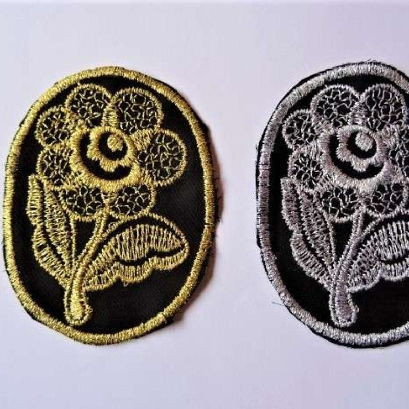 10 Oval Black Motifs With Metallic Flower Design 7cm x 9cm Clearance