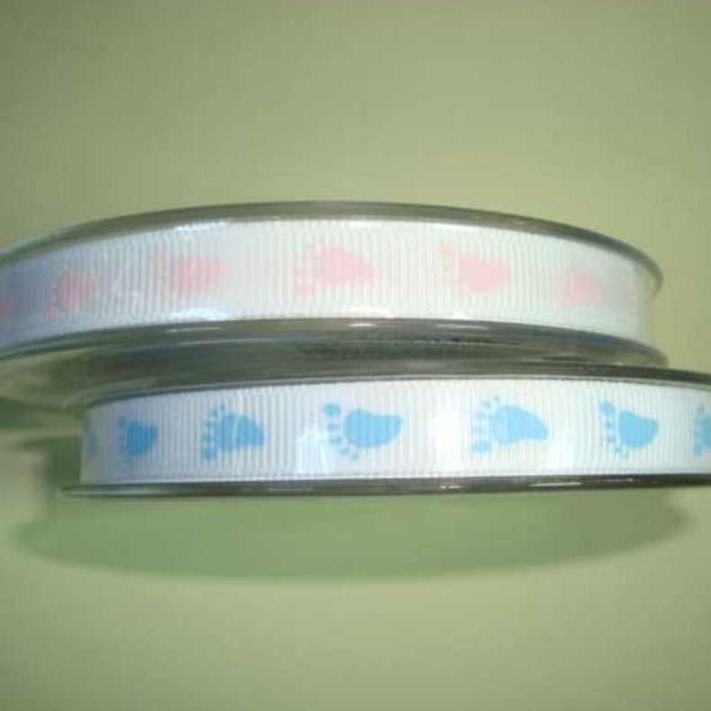 20 metre reel of ribbon with baby feet 10mm wide
