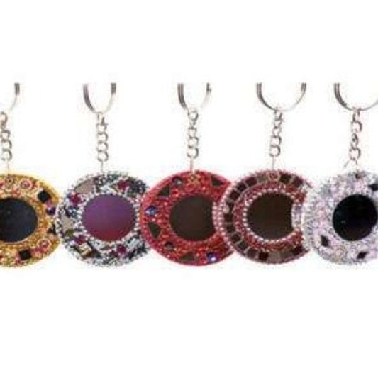 12 Glitter round with mirror Key Rings Assorted Colours some with stones and beads