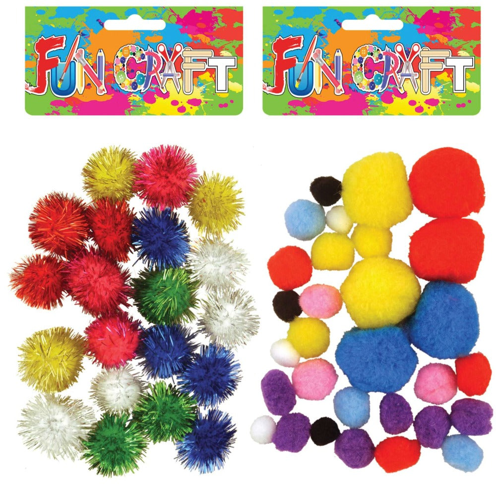 2 Cards of assorted pom poms one card bright colours and one card of metallic bright colours