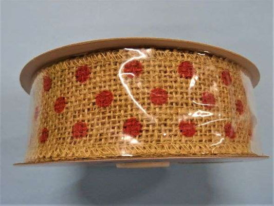 10 metres of hessian ribbon with RED SPOT design 38mm wide