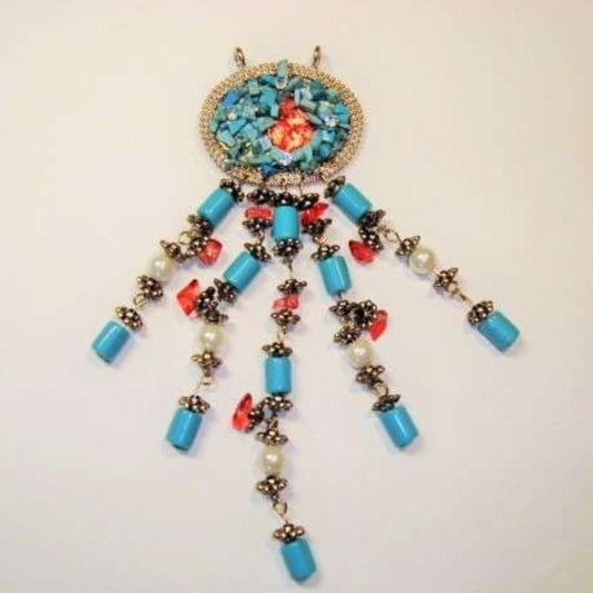 10 metal & bead pendant silver and turquoise 4.5cm x 15cm clearance