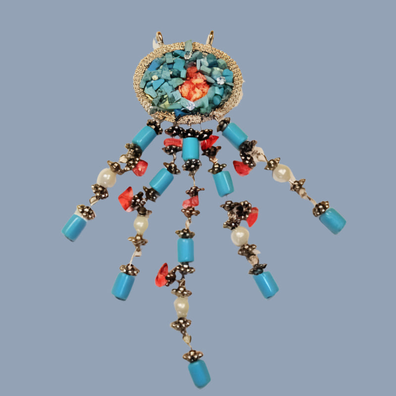 10 metal & bead pendant silver and turquoise 4.5cm x 15cm clearance