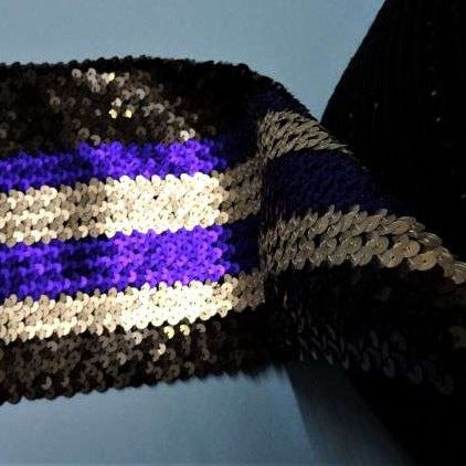 One Metre Of Wide Sequin Stretch Striped Black / Silver / Purple 18cm / 7 inch Wide Clearance