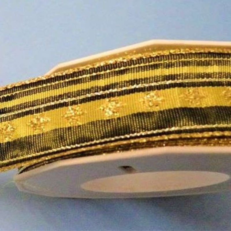 20 metres green and metallic gold and silver design wired edge ribbon 25mm wide clearance