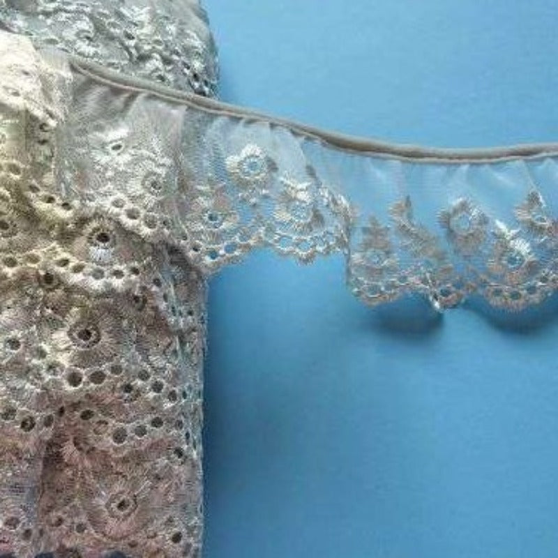 31 metres of silver light grey gathered tulle embroidered lace 60mm wide