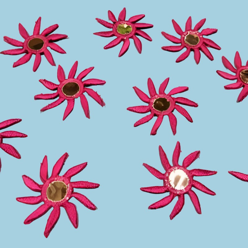 10 cerise iron on embroidered motifs sun design with mirror type centre size 35mm clearance