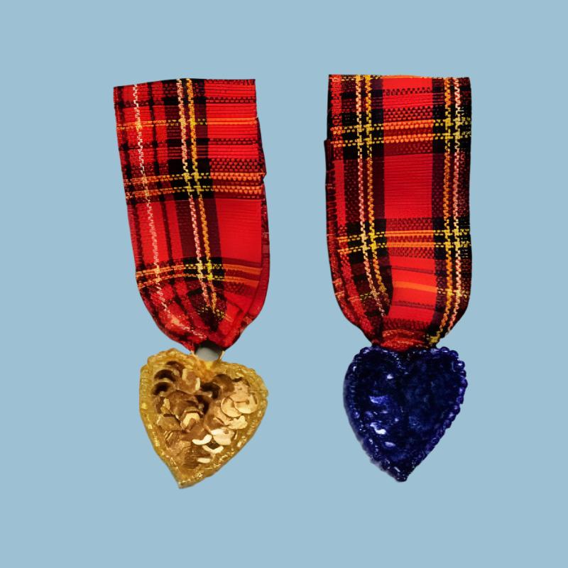 10 Red Tartan ribbon with sequin heart brooch choice of colour 25mm x 70mm clearance