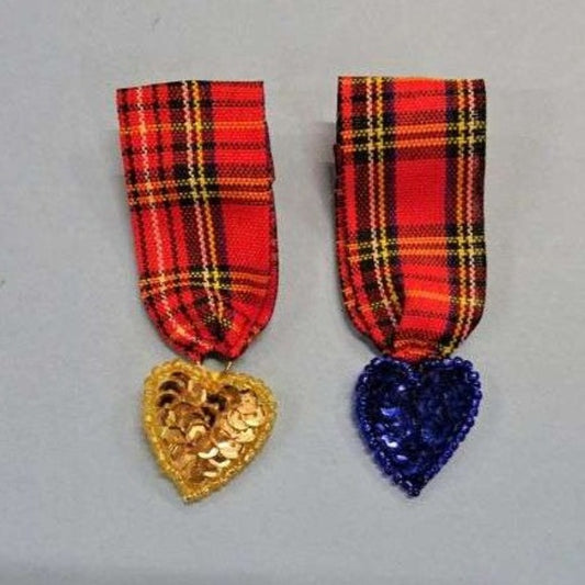 10 Red Tartan ribbon with sequin heart brooch choice of colour 25mm x 70mm clearance