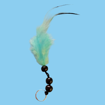 50 trims with a small silver ring with 3 black 8mm beads and a turquoise feather 14cm long clearance