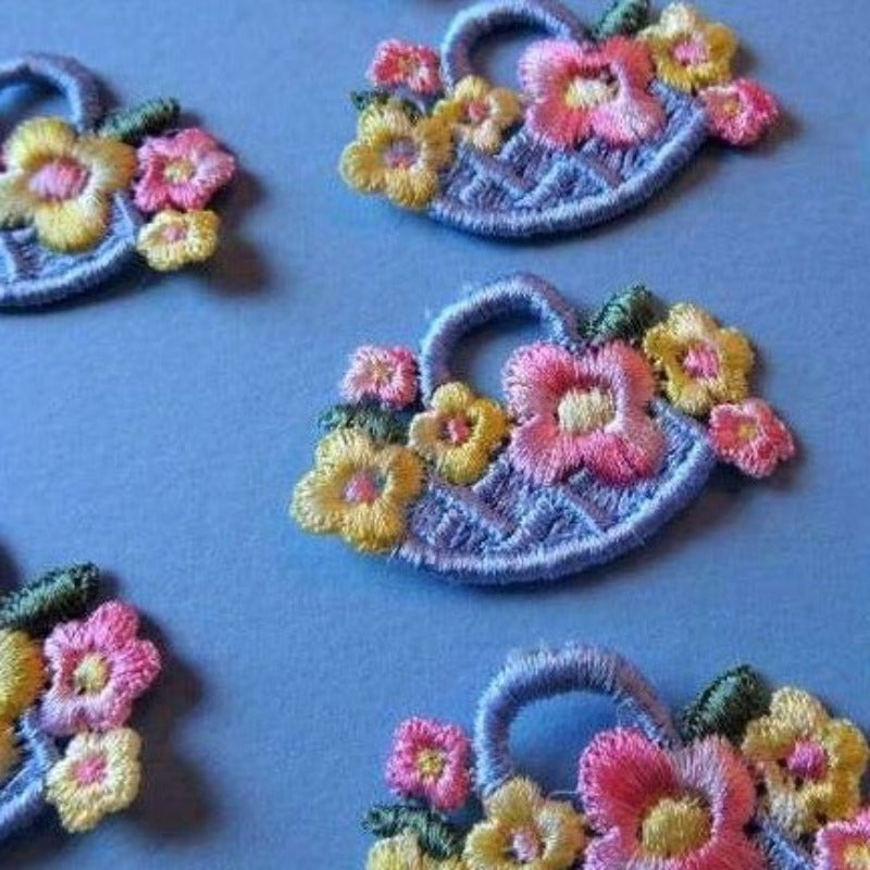 10 Sew On Embroidered Basket Of Flowers Motifs Size 54mm x 35mm Clearance