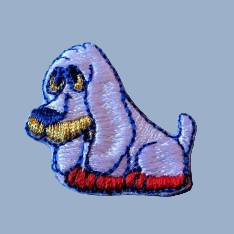 10 Iron On Embroidered White Floppy Eared Dog Motifs With Gold And Red Size 30mm x 30mm Clearance