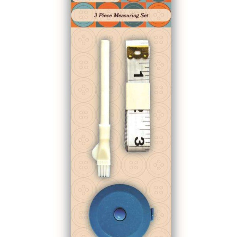 Card of 3 Piece Tailor's Measuring Set Chalk Pencil With Brush-Tip Eraser, Retractable Measuring Tape And A Tape Measure