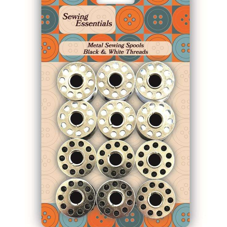 2 Cards Of 12 Metal Spools With Sewing Thread 30 Metre On Each Spool One Card Of Assorted Colours And One Card Of Black And White