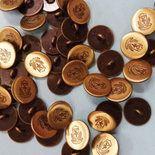 50 Dark Gold coloured metal buttons with shield design size 15mm clearance