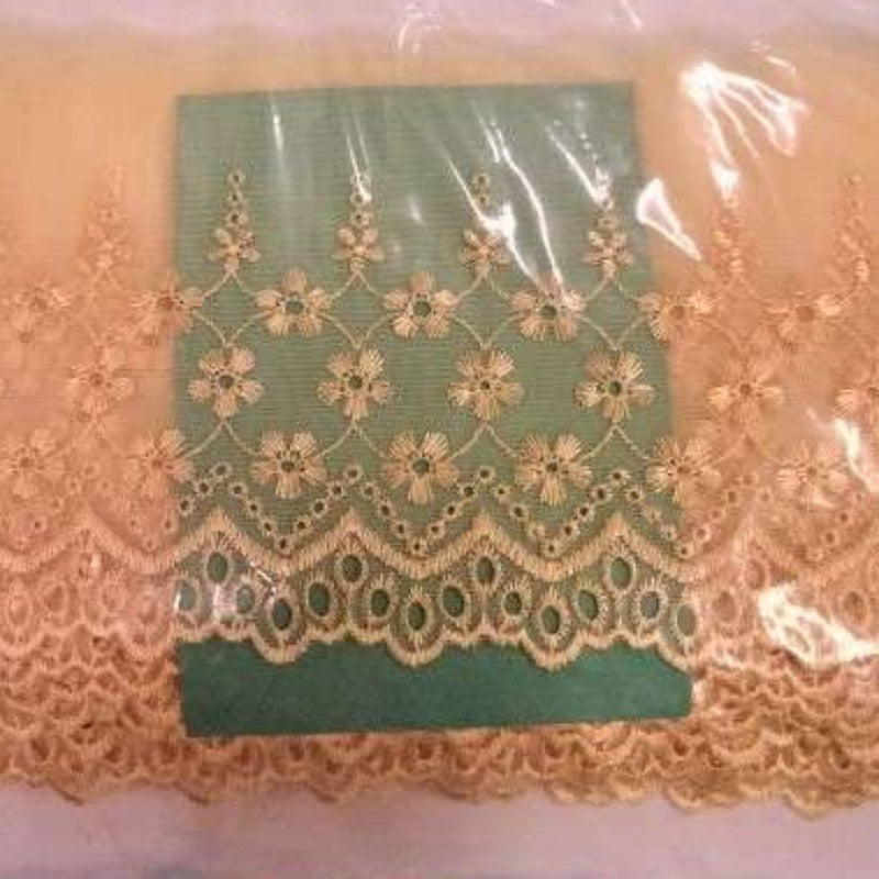 13.7 metres of light gold fine tulle embroidered wedding type lace 15cm / 6 inch wide