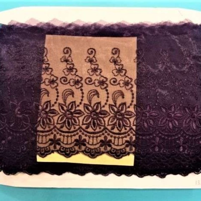 13.7 metres of dark purple fine tulle embroidered wedding type lace 15cm / 6 inch wide
