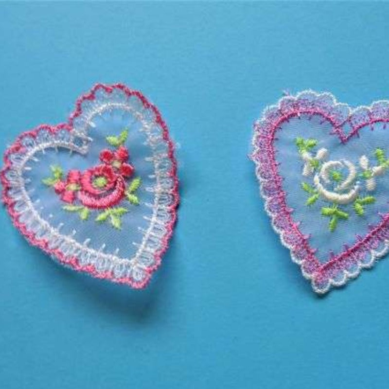 50 White Lace Heart Sew On Motifs With Rose Design Size 50mm Clearance