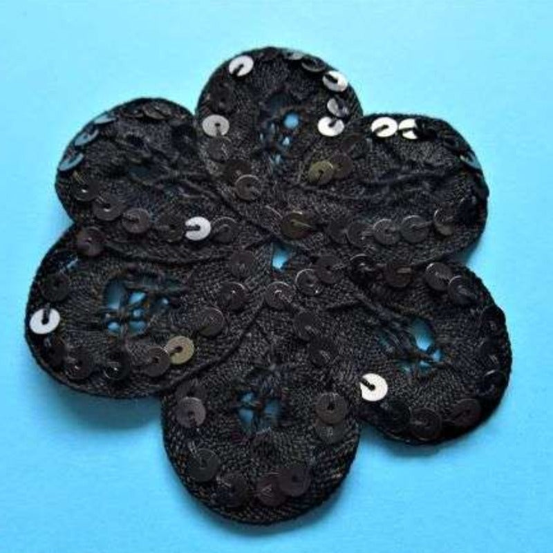 5 black flower sew on motifs with sequins size 75mm clearance