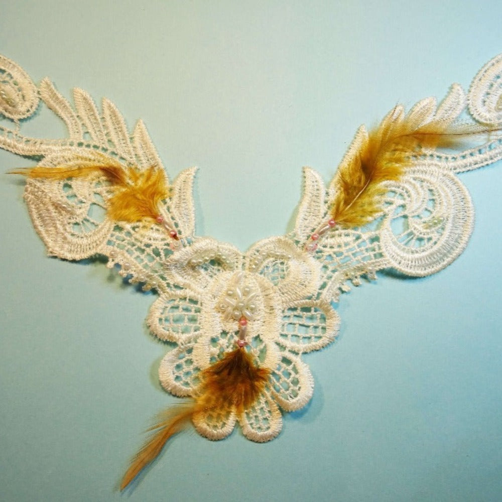 10 Guipure Ivory motif with beads feathers and sequins 22cm x 15cm clearance