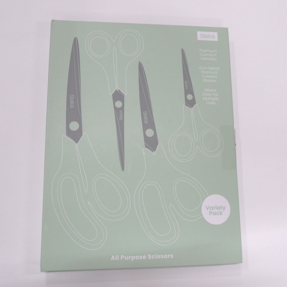 4 pairs of All Purpose Scissors Gunmetal Titanium Coated blades Siska Brand 24.5 cm / 21cm / 17cm /14cm with light turquoise/grey handles