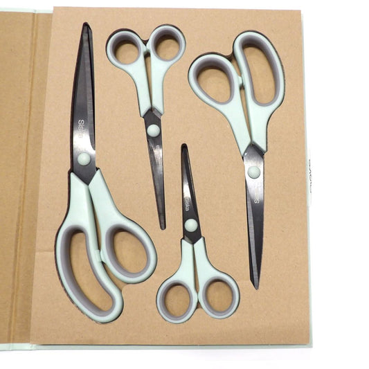 4 pairs of All Purpose Scissors Gunmetal Titanium Coated blades Siska Brand 24.5 cm / 21cm / 17cm /14cm with light turquoise/grey handles