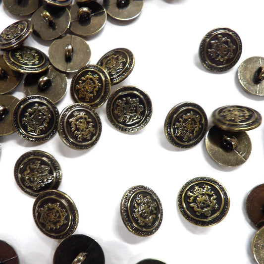 100 dark gold button with coat of arms design size 15mm clearance