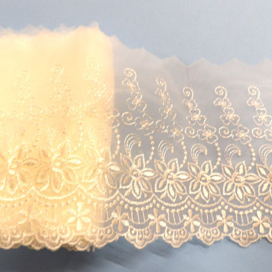 13.7 metres of ivory fine tulle embroidered wedding type lace 15cm / 6 inch wide