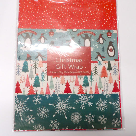 8 Christmas Gift Wrap Sheets in assorted designs each sheet measures 50cm x 70cm approx.