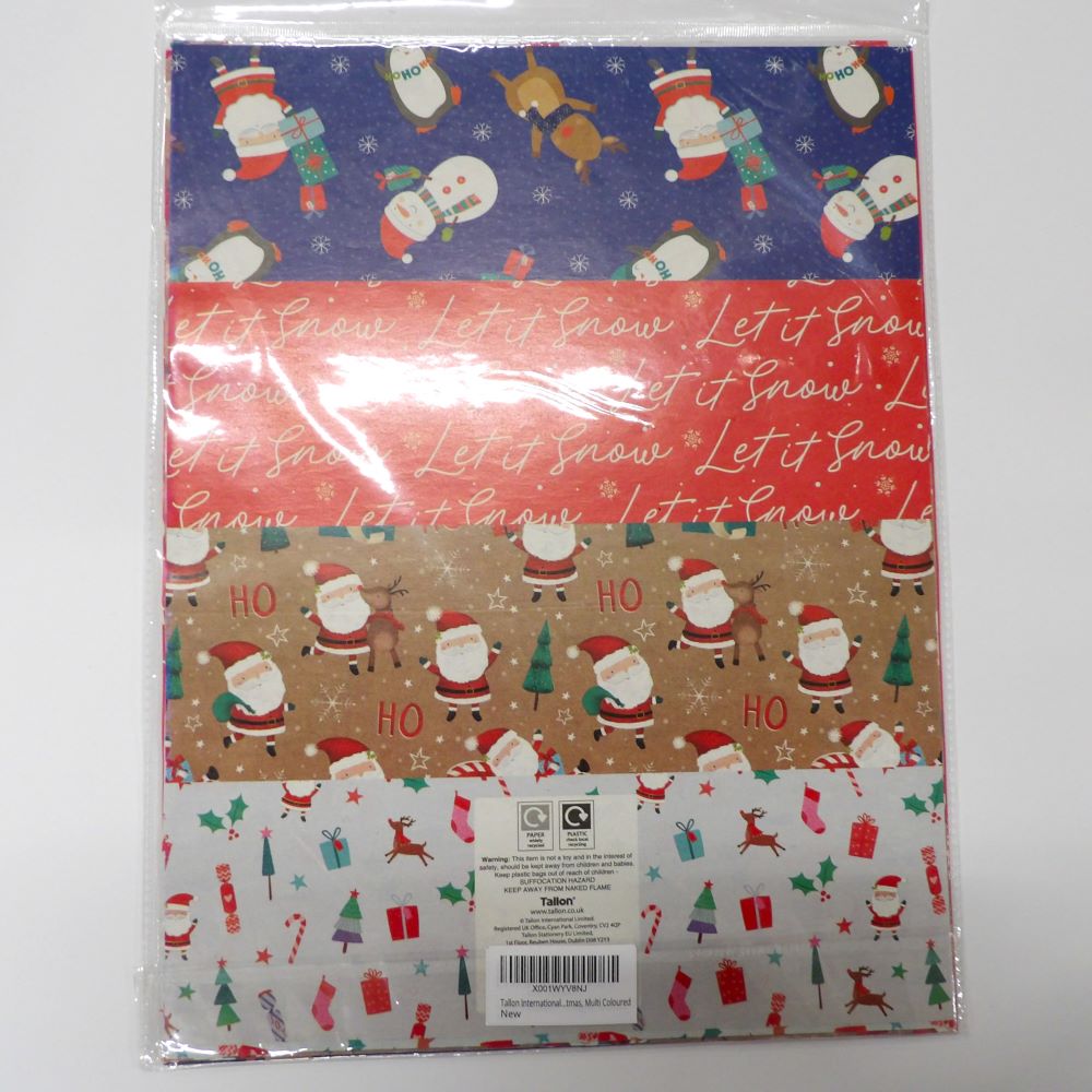 8 Christmas Gift Wrap Sheets in assorted designs each sheet measures 50cm x 70cm approx.