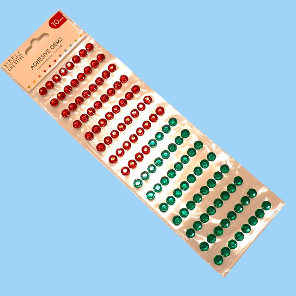 Card of 10mm adhesive acrylic stone shiny gems with 60 red and 60 emerald green on each card Simply Creative Brand