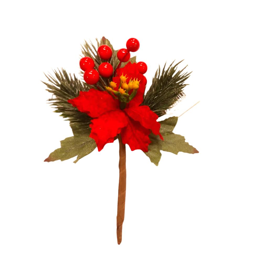 Small Christmas wire with bright red berries, red flower and dark green leaf size 15cm / 6 inch