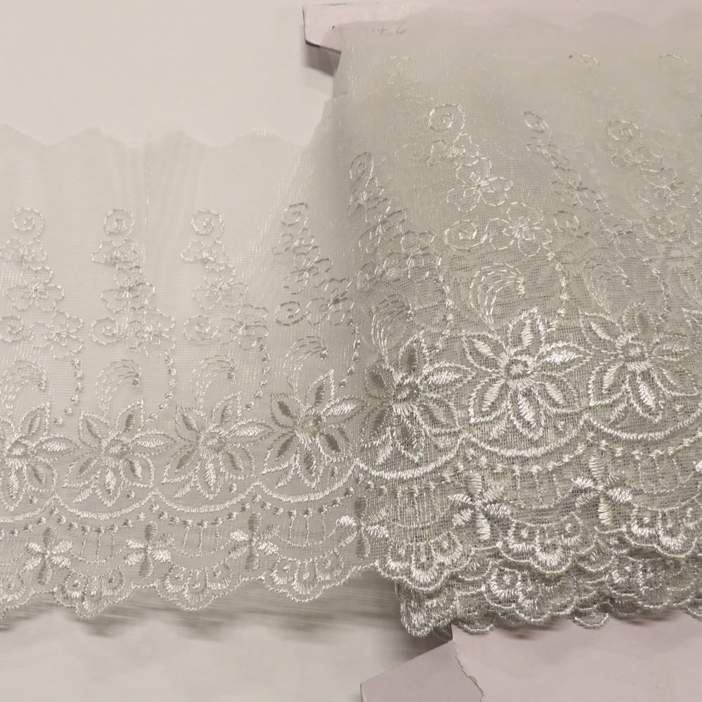 13.7 metres of SILVER grey fine tulle embroidered wedding type lace 15cm / 6 inch wide