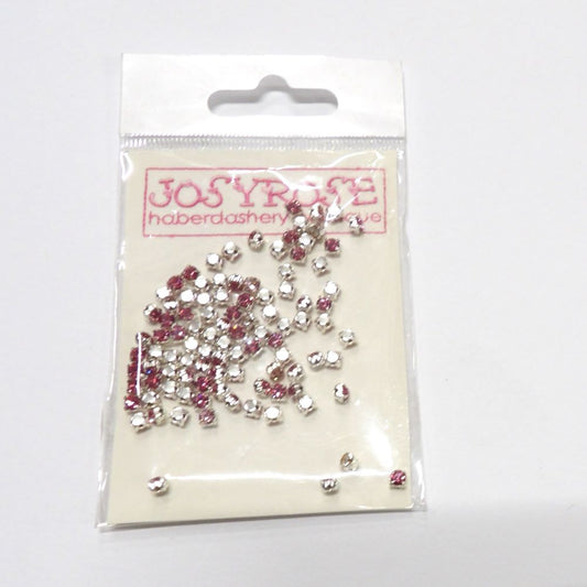 5 cards of small bright pink Josy Rose Brand Sew on Crystal Diamante Rhinestone set in silver colour metal size 3mm approximately 100 in each card clearance