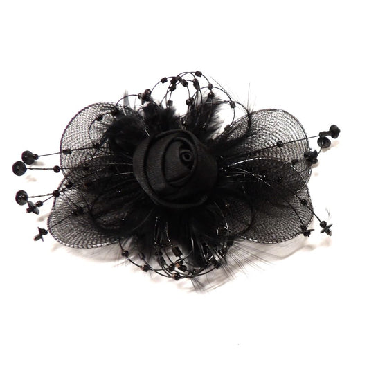 Fabric chiffon wire, ribbon rose, marabou feathers and bead design black brooch size 85mm clearance