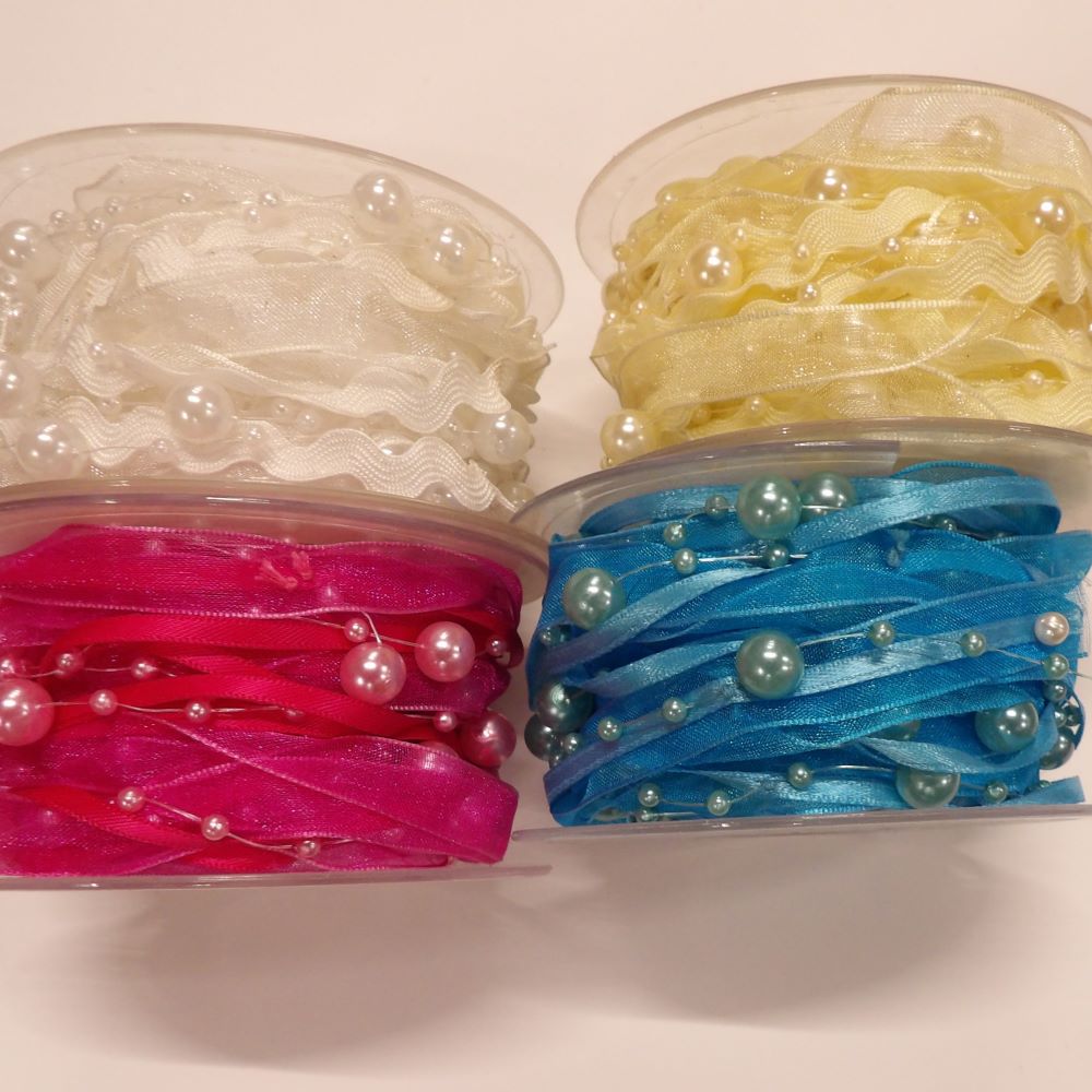 5 metre reels of 3 strands, of ric rac / 10mm chiffon ribbon / 3mm with 7mm strung beads clearance