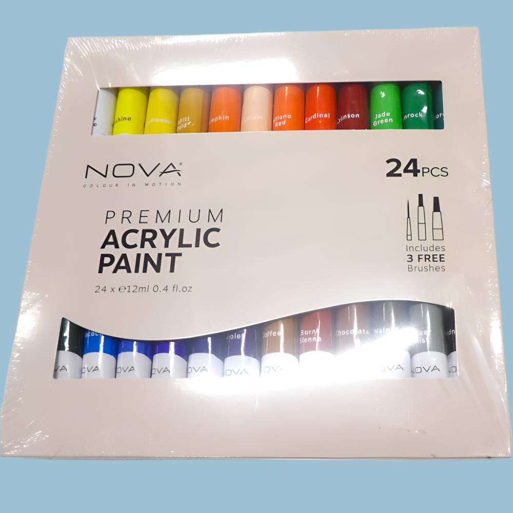 24 assorted colours of 12mm Acrylic Paint paint and 3 brushers Nova Brand