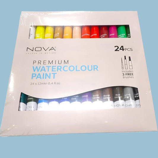 24 assorted colours of 12mm Watercolour paint and 3 brushers Nova Brand