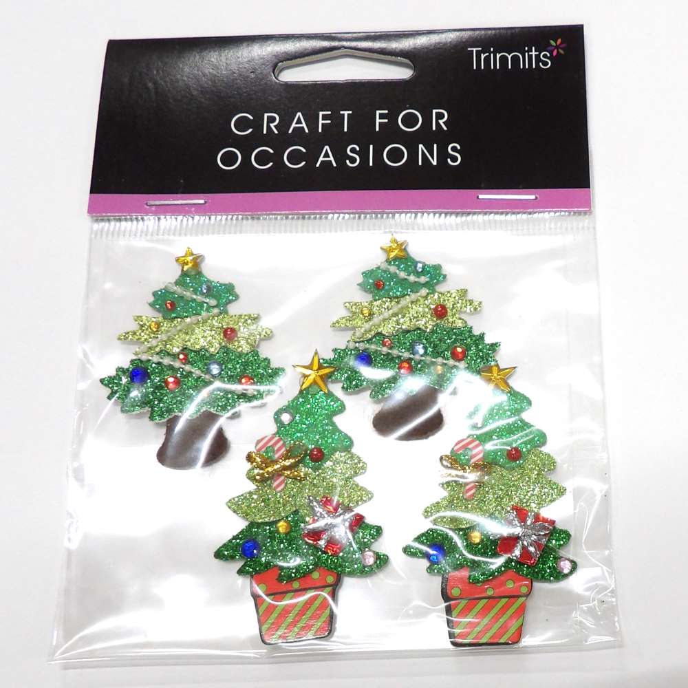 Card of 4 Christmas tree trims with sticky pad on the back for cards and crafts