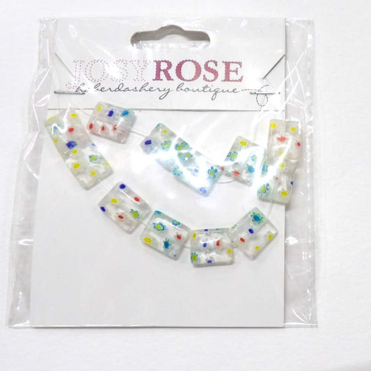 Card of 12 see through oblong beads with bright coloured flower deign size 9mm x 11mm Josy Rose Brand