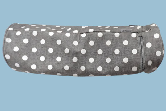 Knitting Pin Holder Grey With White Spot Design water PVC proof type fabric for kitting needles and wool with zip at one end size 40cm x 14cm