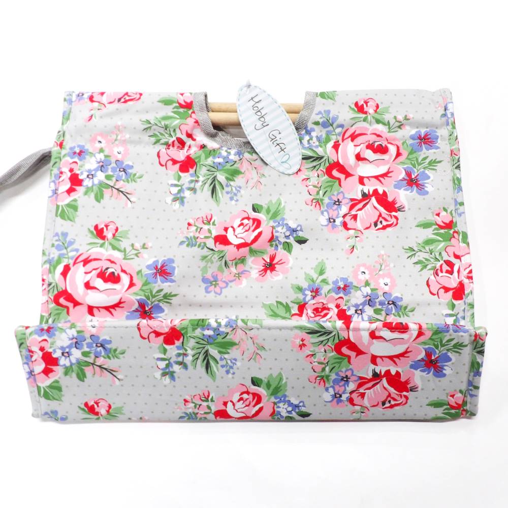 Knitting bag Rose fabric design with wooden handles zip and front pocket with Velcro fastener size 38cm x 28cm