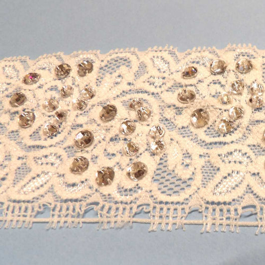 18.2 metres / 20 yards of Ivory Rose Design stretch lace WITH LOTS OF CLEAR DIAMANTE STONES sewn on 5mm and 4mm 60mm wide clearance