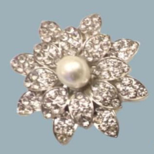 Silver colour metal brooch FLOWER SHAPE WITH 8mm PEARL CENTRE with  with clear small diamantes size 45mm clearance