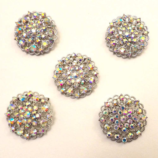 5 Silver colour metal brooch with AB diamante [ multi sparkle ] size 38mm clearance