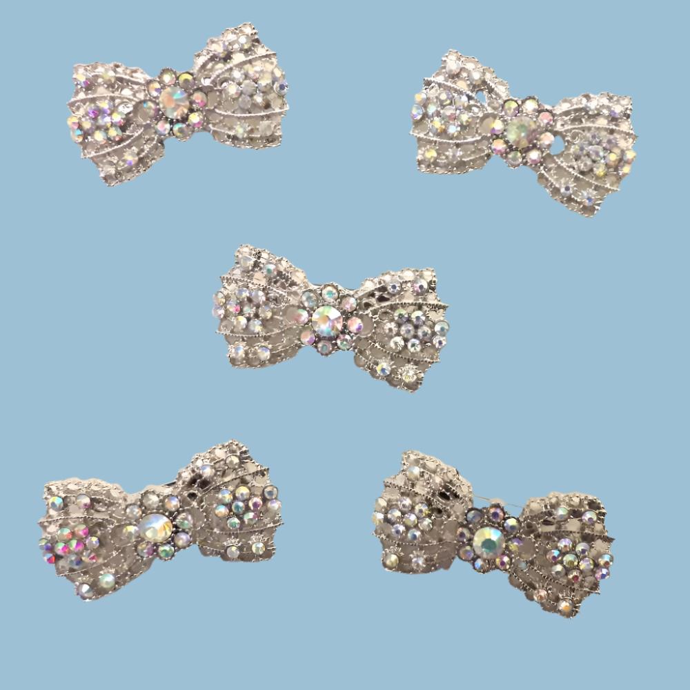 5 Silver colour metal brooch BOW SHAPE with AB diamante [ multi sparkle ] size 45mm x 25mm clearance