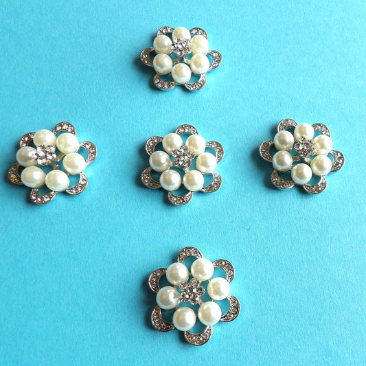 10 Diamante Flower Design with five 8mm Pearls Sparkly Metal Trims size 35mm with Flat Back clearance