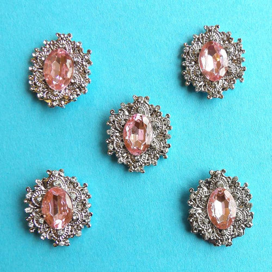 5 Pink Stone  Metal Flat Back Trims size 22mm x 26mm clearance